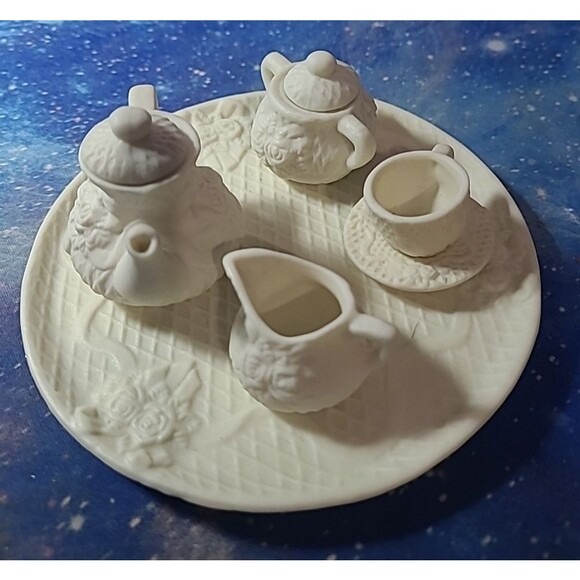 Jade Collection Floral Teaset 6 piece Dainty Bisque White Roses Diamond Pattern - Picture 4 of 6